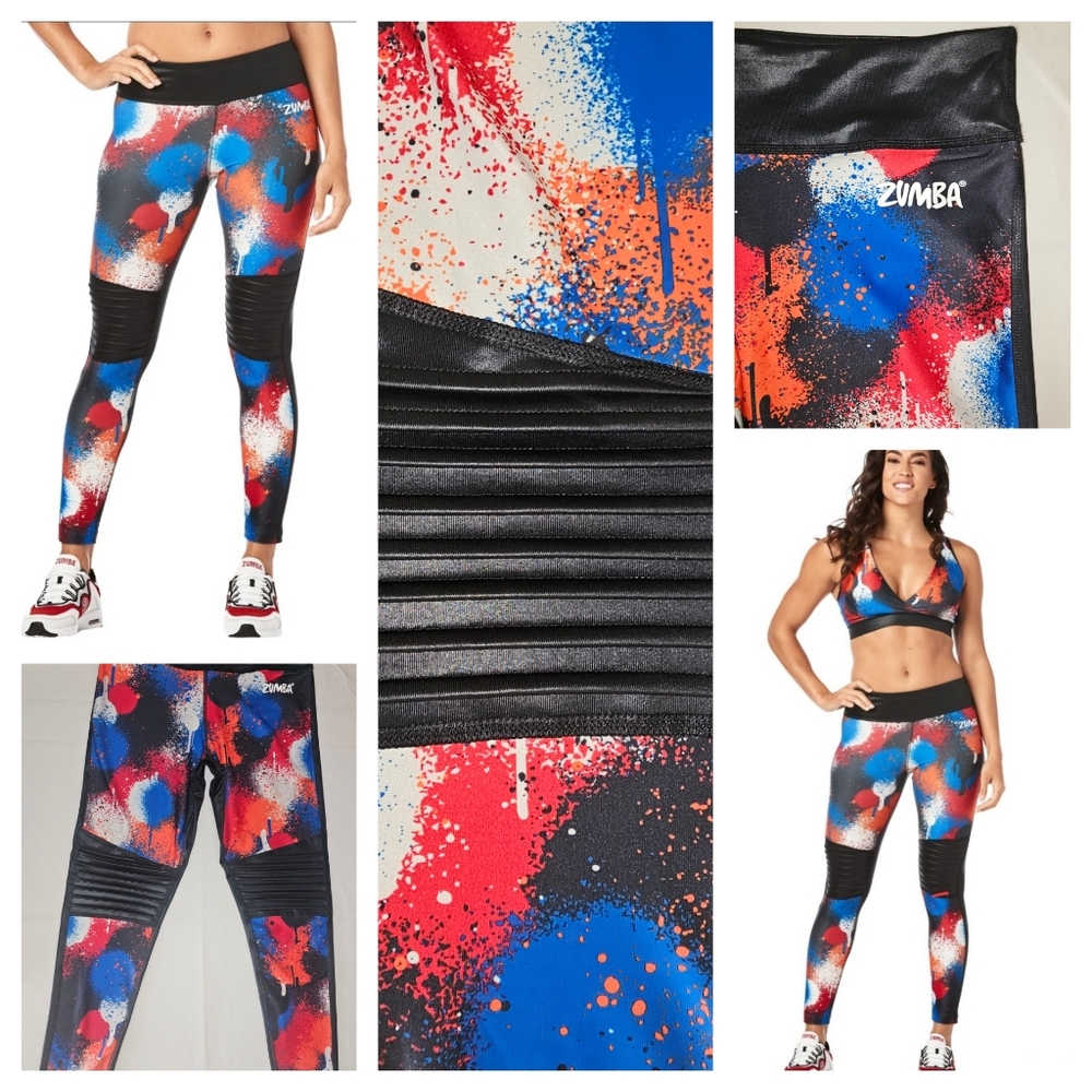 Zumba Moto Ankle Leggings SZ Medium Red White Blue Must Move Faux Leather